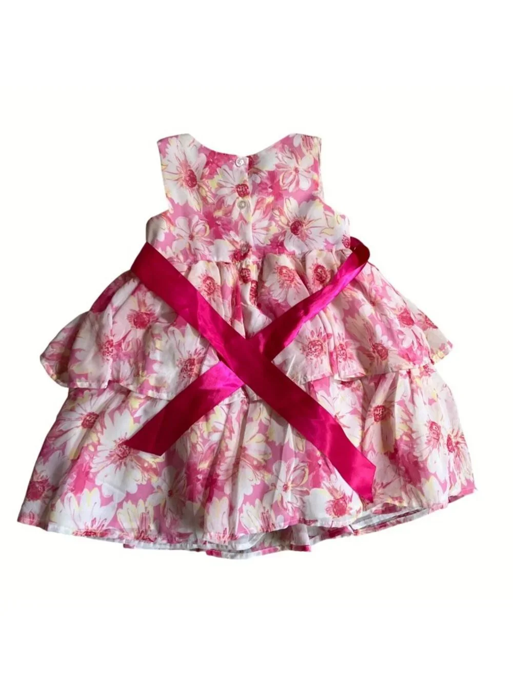 Pink White Floral Sleeveless Tiered Girls Dress With Pink Sash & Flower Size 4